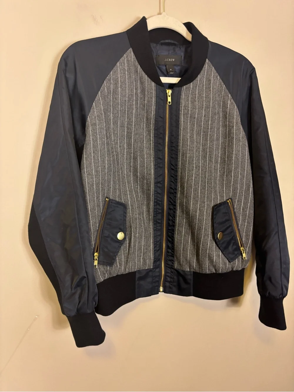 J. Crew Navy Satin & Gray Wool Pinstripe Bomber Jacket Women’s Medium